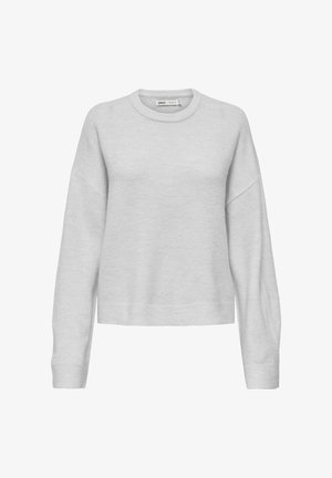 Light gray sweater made of soft fabric, featuring a round neckline, dropped shoulders, and a cropped hem. Minimalist design with no patterns.