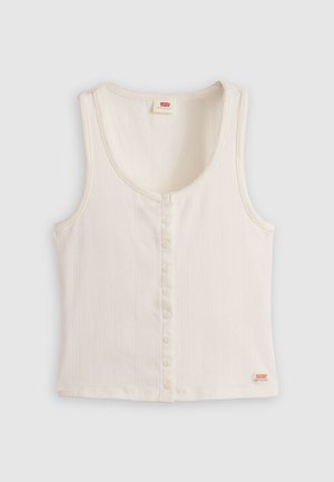 Ivory ribbed tank top with a round neck, front button closure, and a small red label at the hem. Made from a soft, textured fabric.