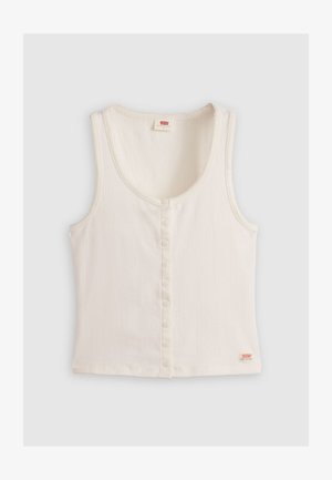 Débardeur ivoire côtelé avec un col rond, fermeture à boutons sur le devant, et une petite étiquette rouge à l'ourlet. Fabriqué en tissu doux et texturé.
