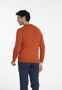 Pull en maille orange à manches longues et col rond, ajusté à la taille, présenté de dos sur fond blanc.