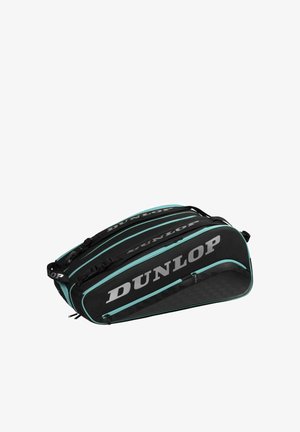 Borsa sportiva Dunlop nera e teal con molteplici scomparti con cerniera e tracolle, progettata per trasportare attrezzatura sportiva.
