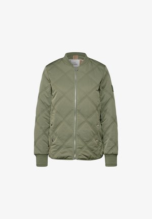 Olivgrüne gesteppte Bomberjacke mit einem Frontreißverschluss, gerippten Bündchen und zwei schrägen Seitentaschen. Besitzt ein strukturiertes Rautenmuster.