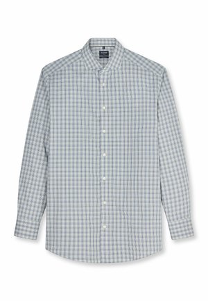 Chemise à manches longues boutonnée avec motif à carreaux bleu et blanc, col classique et boutons blancs sur le devant.