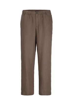 Pantalon en lin marron avec une taille élastique, une fermeture boutonnée à l'avant, une coupe droite et sans poches.