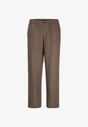 Καφέ παντελόνι από λινό με ελαστική μέση, κουμπόλενη κλείσιμο μπροστά, ευθεία γραμμή και χωρίς τσέπες.