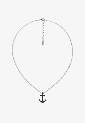 Collier chaîne en argent avec pendentif ancre noir orné de petites pierres sombres et fermoir ajustable avec une petite étiquette gravée.