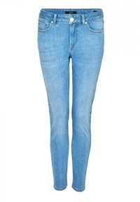 Ljust blå skinny jeans i denim, med en klassisk femficksdesign, framknapp och dragkedjestängning, samt subtila slitningar.