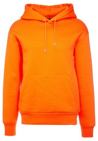 Orange hoodie av mjukt tyg, med en framficka, justerbara snoddar och en diskret logotyp präglad på bröstet.