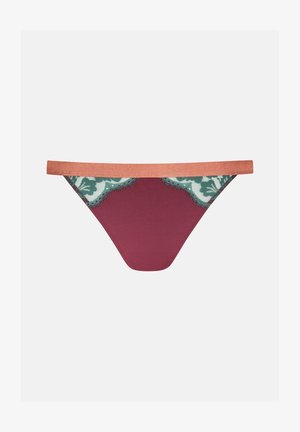 Bordeaux slipje met een brede perzikkleurige elastische tailleband. Bevat een groene bloemenkant detail aan de achterkant en heeft een gladde stoftextuur.