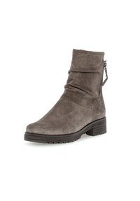 Suede ankle boot in muted gray with gathered texture, side zipper, and a chunky, textured sole for added grip and stability.