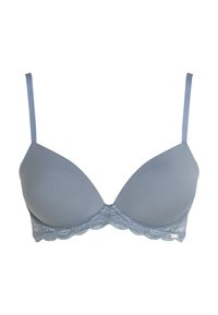 Light blue padded bra with adjustable straps. Lace trim detailing along the band adds texture. Smooth fabric finish, triangular cup shape.