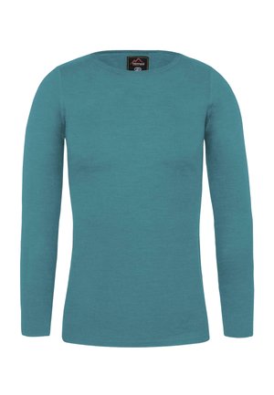 Langärmliges Shirt in Petrol aus weichem Material mit rundem Halsausschnitt. Es hat eine glatte Textur und ein dezentes Logo an der unteren Seite.