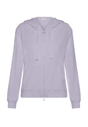 Lyse lilla zip-up hættejakke med frontlynlås, snoretræk i hætten og to frontlommer. Blød tekstur og ribbet afslutning og manchetter.