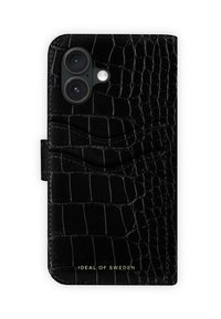 Black crocodile-patterned phone case with dual camera cutouts, textured finish, and a card slot, featuring gold "IDEAL OF SWEDEN" logo.