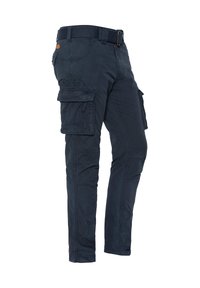 Donkerblauwe cargobroek van een katoenmix, met meerdere zijzakken, riemlussen en versterkte knie- stiksel.