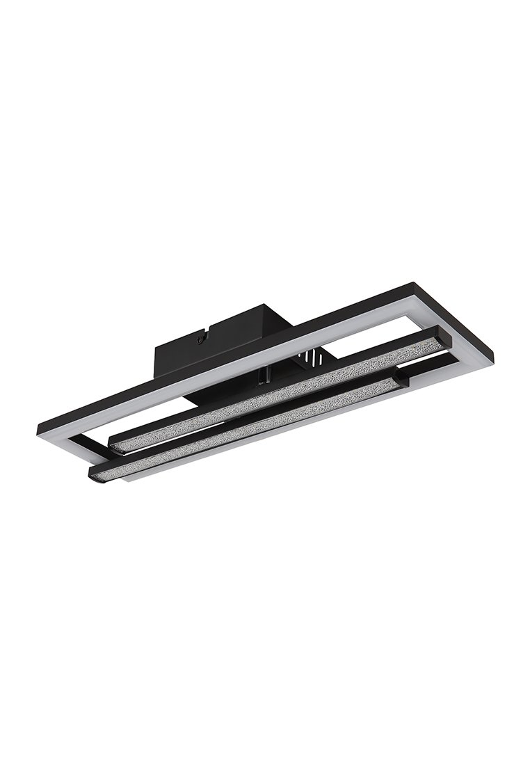 Černý obdélníkový stropní svítidlo s dvěma liniovými světelnými pruhy a texturovaným povrchem. Nabízí elegantní, moderní design a minimální hardware.