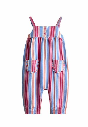 Pruhovaný overal pre batoliatko s ružovými, modrými a béžovými vertikálnymi pruhmi, nastaviteľnými ramennými remienkami, prednými gombíkmi a dvoma volánikovými nášivkovými vreckami.