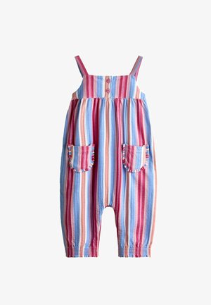 Stribet heldragt til småbørn med lyserøde, blå og beige lodrette striber, justerbare skulderstropper, knapper foran og to folder brugt lommer.