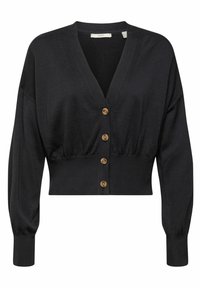 Cardigan corto nero, design a scollo a V, texture a costine, maniche lunghe, con bottoni di legno sul davanti e vita arricciata.