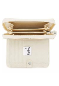 Béžová látková peněženka s několika přihrádkami, sloty na karty a zipovým uzávěrem. Obsahuje patentku a štítek s brandingem "kipling".