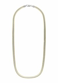 Metalen ketting met een twee-tonen ontwerp met zilveren en gele accenten. Vlak, flexibel en met een gladde textuur, beveiligd met een sluiting.