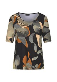 Top noir à manches courtes avec des motifs abstraits en beige, orange et gris. Il dispose d'un col rond et d'une coupe décontractée. Texture de tissu lisse.