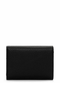 Portafogli in pelle nera con una finitura testurizzata, forma rettangolare e bordi arrotondati, caratterizzato da un design semplice e senza fronzoli.