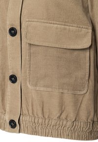 Beige Cordjacke mit einer Vorderasche, schwarzen Knöpfen, elastischem Bund und gerippter Textur. Klassisches Design mit praktischen Details.