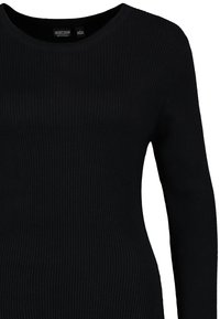 Schwarzes, geripptes langärmliges Oberteil mit rundem Ausschnitt. Der Stoff ist strukturiert, figurbetont und aus einem dehnbaren Material gefertigt. Herstellerschild sichtbar.