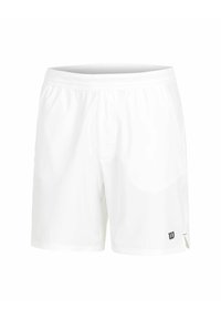 Weiße Sportshorts mit elastischem Bund, ausgestattet mit einem schwarzen Logo am unteren linken Bein und einer glatten, leichten Stoffstruktur.