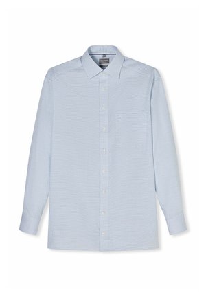 Blau-weiß gestreiftes Herrenhemd mit langen Ärmeln, vorderen Knöpfen, spitzem Kragen und Brusttasche.