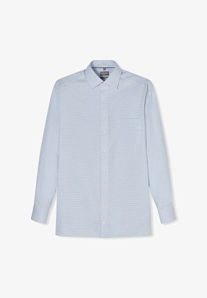 Blau-weiß gestreiftes Herrenhemd mit langen Ärmeln, vorderen Knöpfen, spitzem Kragen und Brusttasche.