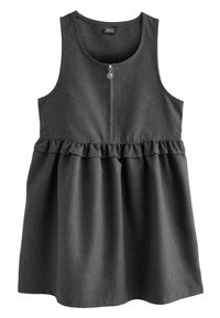 Gray sleeveless dress with a ruffled waistline, zipper detail at the front, and a soft fabric texture. Simple and elegant design.