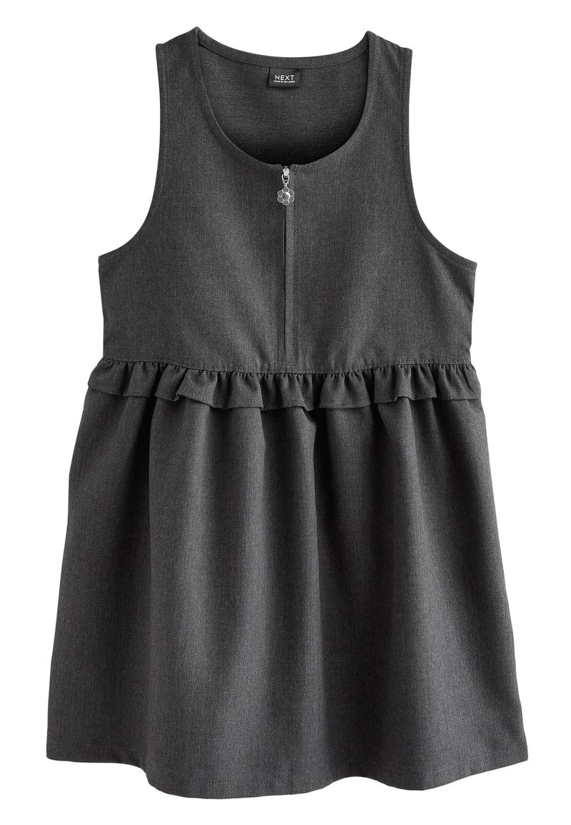 Gray sleeveless dress with a ruffled waistline, zipper detail at the front, and a soft fabric texture. Simple and elegant design.