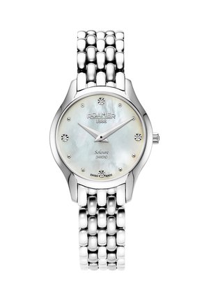 Orologio da polso in acciaio inossidabile argento con quadrante in madreperla, dettagli in diamante e design a bracciale collegato. Fabbricato in Svizzera.