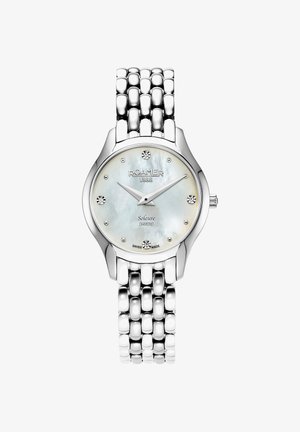 Strieborné nerezové oceľové hodinky s ciferníkom z morského perlí, diamantovými akcentami a prepojeným náramkovým dizajnom. Švajčiarska výroba.