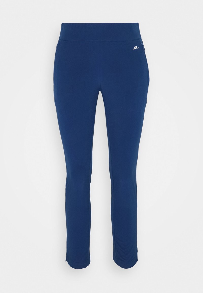 Blue fitted athletic pants with high waistband and small white logo on upper left hip, displayed on white background.