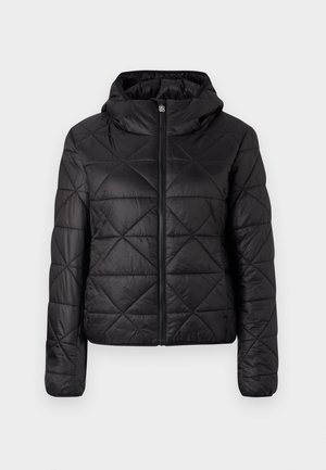 Black quilted jacket with a hood, featuring a front zipper and a soft, smooth texture. Diamond pattern across the fabric.