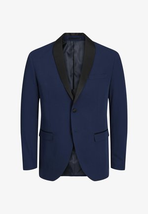 Navy blue tuxedo jacket with a black satin shawl collar, smooth fabric, single button closure, and two front pockets. Interior is lined.