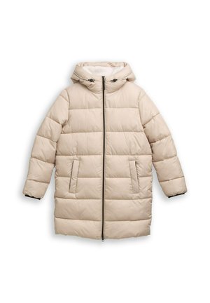Beige pufferjack met een capuchon, voorzien van een verticale rits, twee voorkruiszakken, een quilted ontwerp en elastische manchetten voor extra warmte.