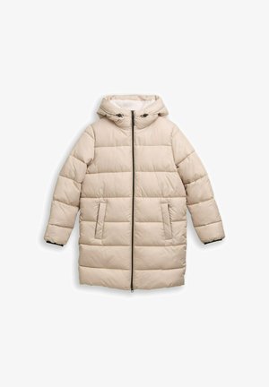 Beige pufferjack met een capuchon, voorzien van een verticale rits, twee voorkruiszakken, een quilted ontwerp en elastische manchetten voor extra warmte.