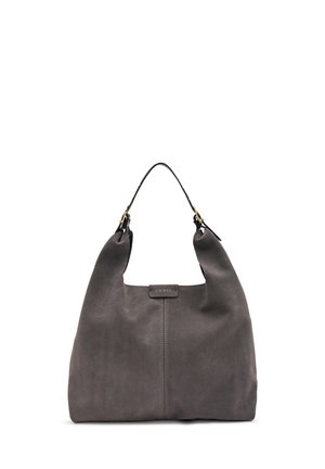 Borsa a tracolla in suede grigio con manico curvo, dettagli in hardware dorato e un'etichetta logo discreta sul fronte. Texture morbida con un design minimalista.