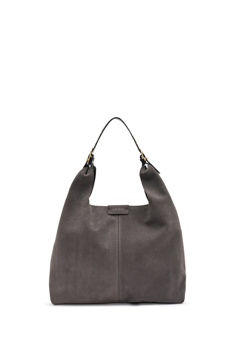 Borsa a tracolla in suede grigio con manico curvo, dettagli in hardware dorato e un'etichetta logo discreta sul fronte. Texture morbida con un design minimalista.