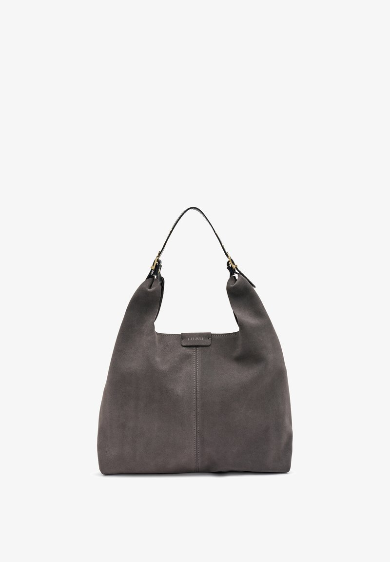 Bolso hobo de ante gris con un asa en la parte superior curvada, accesorios en dorado y una sutil etiqueta con el logotipo en la parte frontal. Textura suave con un diseño minimalista.