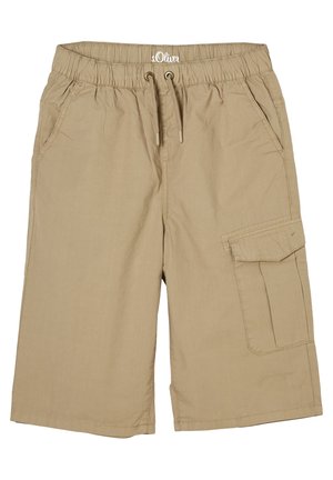 Beige knælange cargoshorts med elastisk talje, snøre, sidelommer og en klaplommer på højre ben.