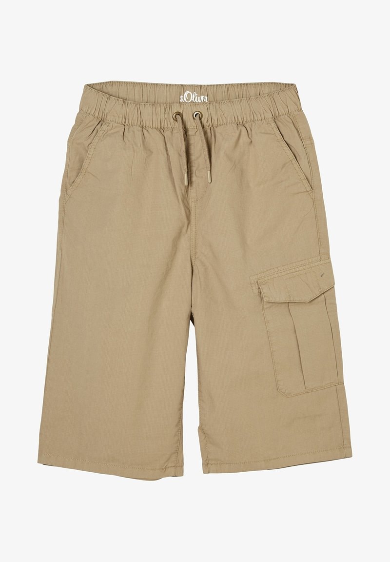 Shorts cargo beige longueur genoux avec taille élastique, cordon de serrage, poches latérales et une poche à rabat sur la jambe droite.