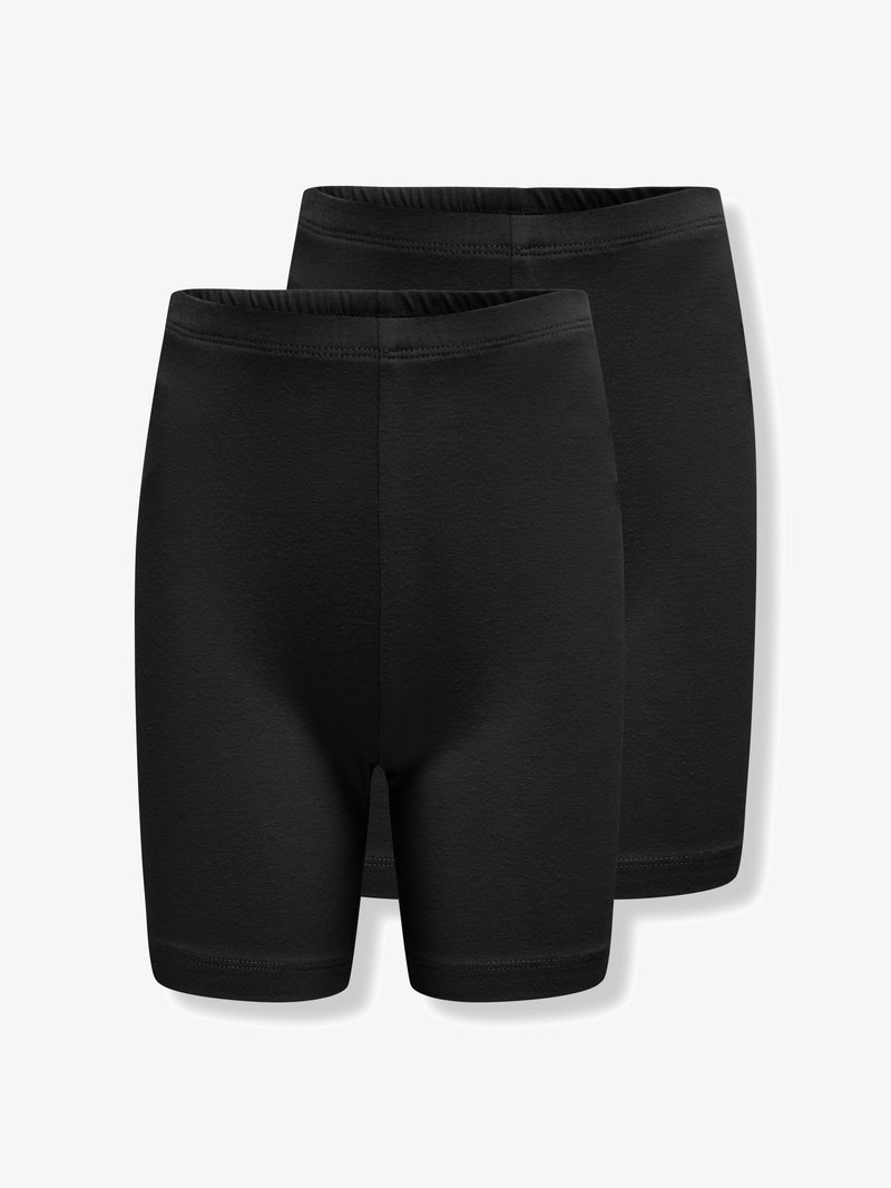 Deux paires de shorts noirs unis, extensibles et arrivant au genou, empilées, vue de face avec taille élastique.
