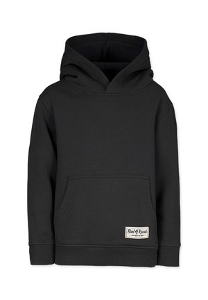 Sort hættetrøje lavet af blødt stof, med en frontlomme og ribbede manchetter. Vist uden baggrundselementer.