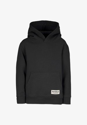 Musta huppari, joka on valmistettu pehmeästä kankaasta, sisältäen etupussin ja ribatut hihansuut. Esitetty ilman taustaelementtejä.