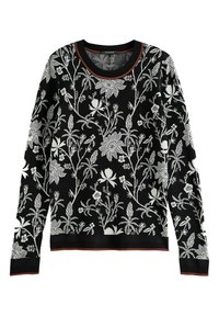 Sort strikket sweater med hvid blomsterbroderi, rundt halsudskæring og kontrasterende orange kant ved halsudskæringen og forneden.